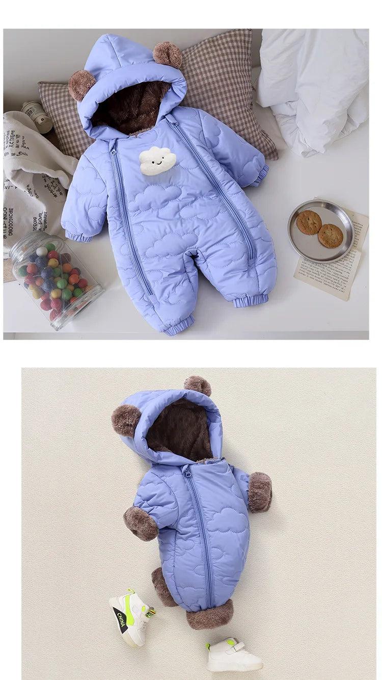 Toddler Baby Girl Boy Jumpsuit Thickened Fleece Lined Double-Layer Hooded Romper 0-2Y Cute Bear Ears Winter Warm Kids Snowsuit