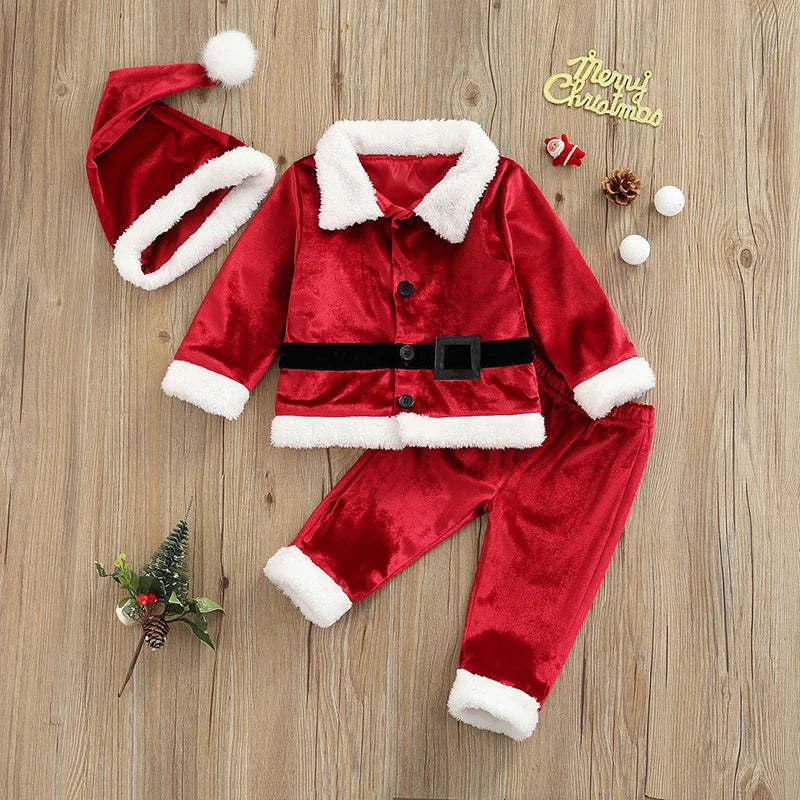 Toddler Baby Boys Girls Santa Costume Velvet Long Sleeve Christmas Jacket + Long Pants +Xmas Hat 3pcs Sets