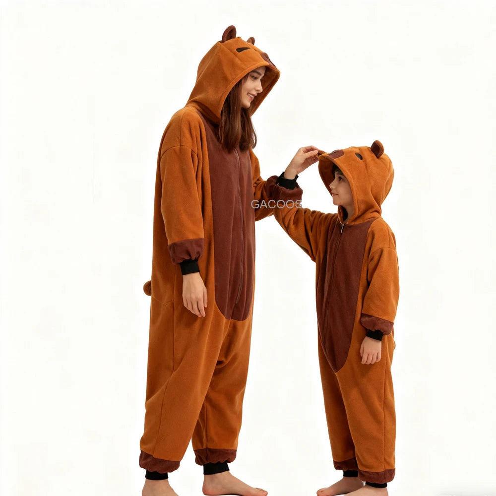 New Children Kigurumi Onesie Boys Girls Flannel Sleepwear Unisex Cypabara Cartoon Pajamas Winter Warm Flannel Hooded Jumspuits
