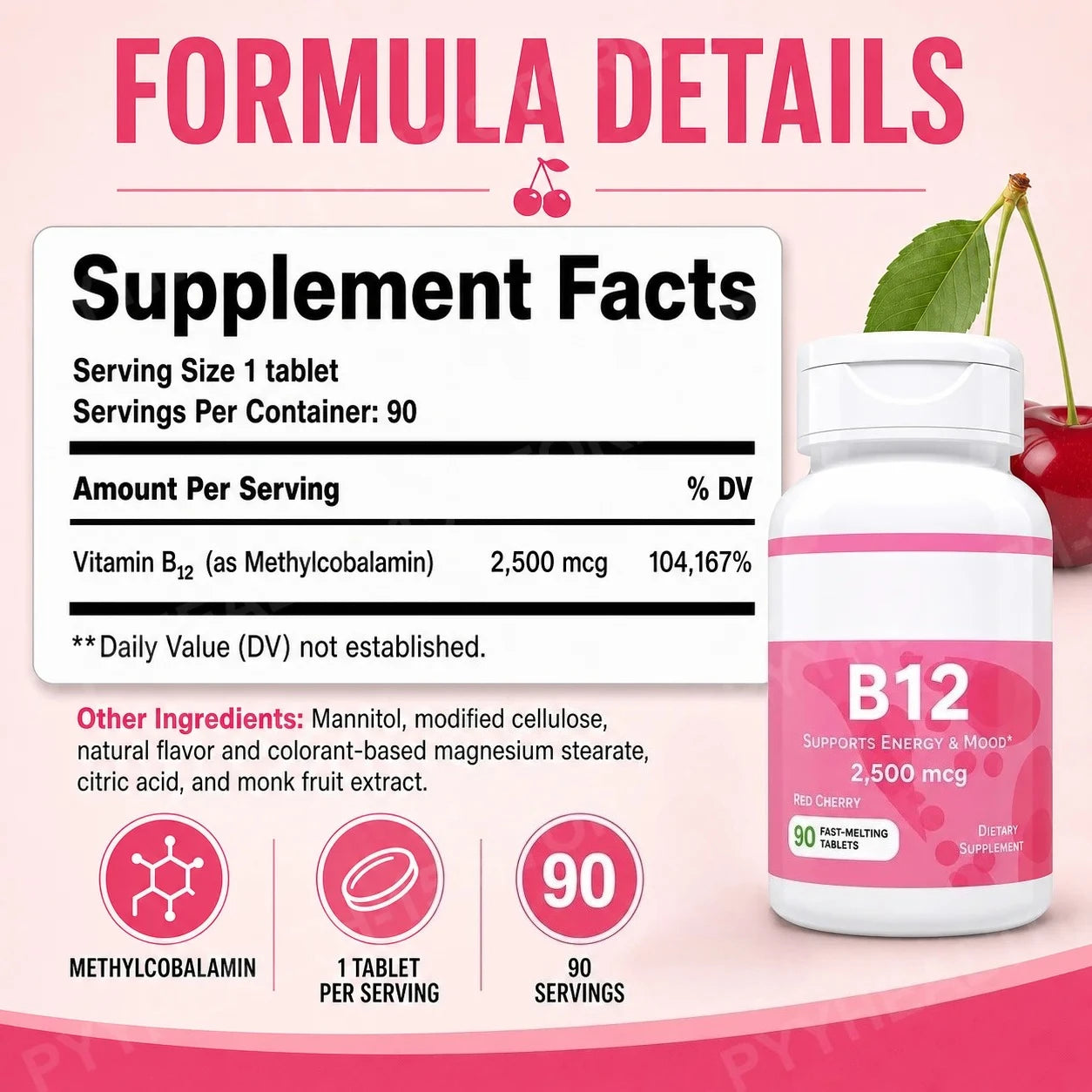 Methylcobalamin Vitamin B12 2500mcg Fast Dissolve Tablets 90 Servings Cherry Flavor Daily Energy Metabolism Support for Adults