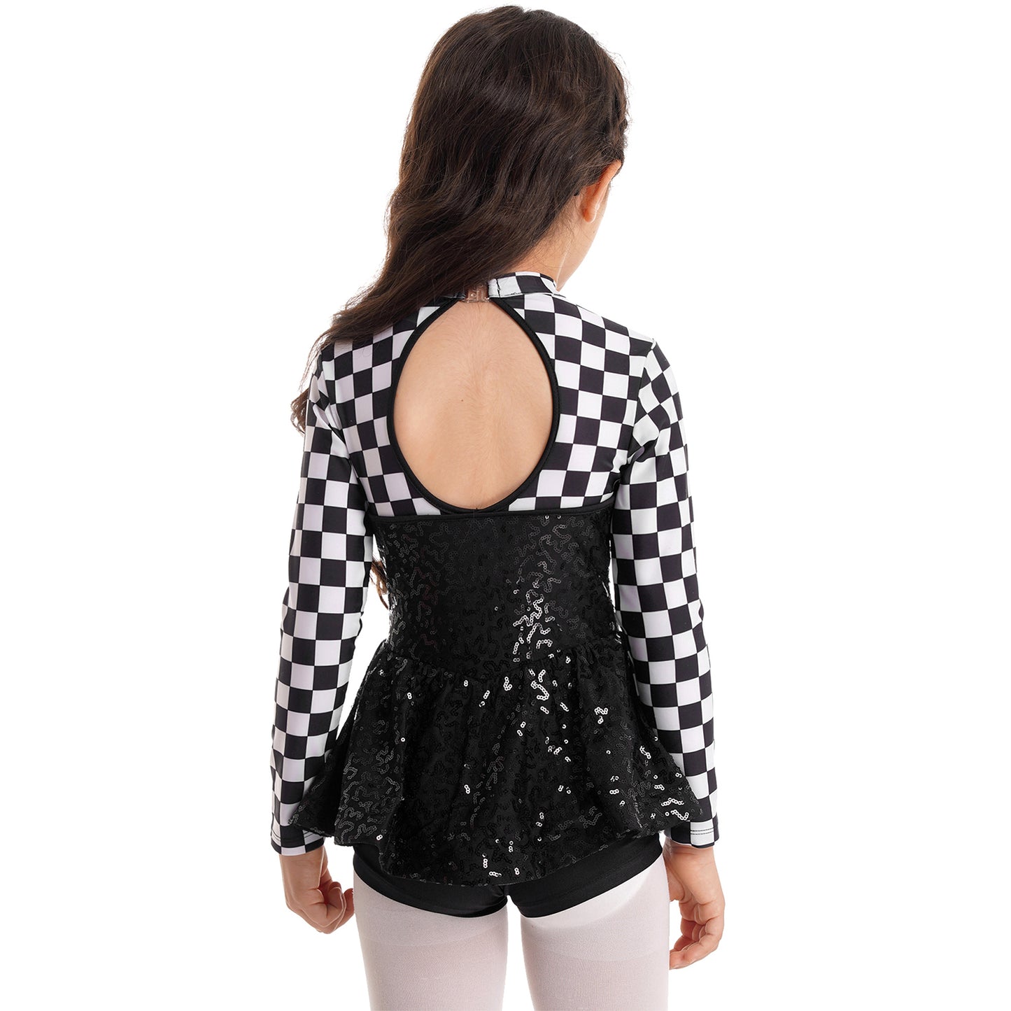 Kids Girls Checkerboard Racer Costume Halloween Car Driver Cosplay Leotard Dress with Tulle Skirt Themed Party Driving Roleplay
