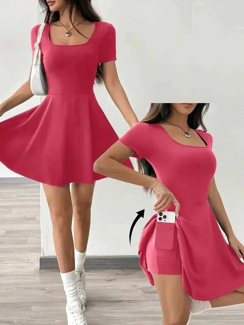 Summer 2025 Brown Knitted Short Casual Dress Mini Skirt Length Polyester Fiber Square Collar Empire Waistline Regular Sleeve