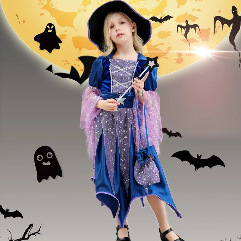 2026 Halloween Blue Witch Costume for Girls with Witch Hat Wand Bag Accessory Set  2-12T Girl Role Play Party Dress Vestidos