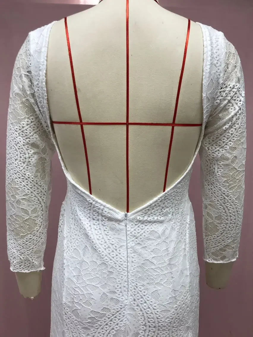 2025 Spring New Women's Celebrity Banquet Wedding Dress Crew Neck Long Sleeve Printed Halter Lace Dress