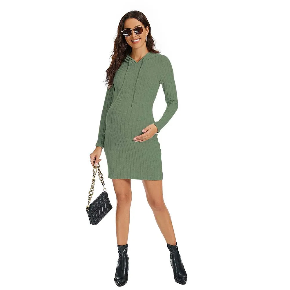 Pregnancy Dresses Relaxation Maternity Clothing Autumn Solid Color Knit Hoodie Daily Dress Close-fitting Skirt Women Clothes