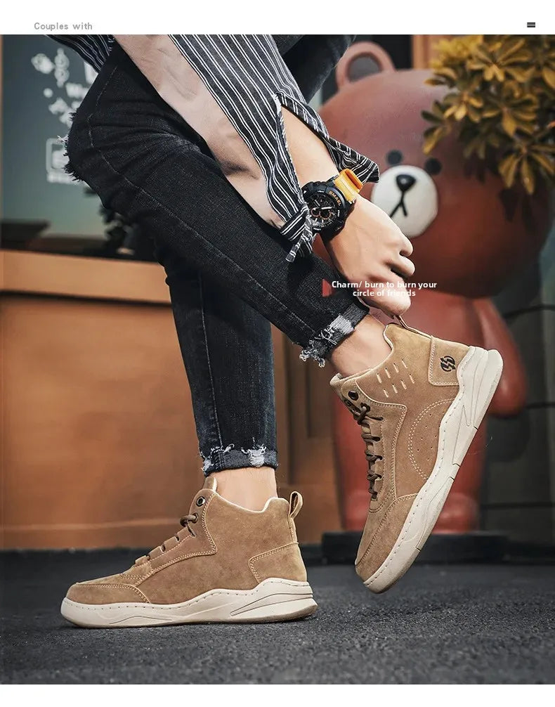 Men's High Top Sport Shoes Winter New Fashion Retro Outdoor Travel Matching Lace up Leather Surface Shoes Comfortable Casual Sne