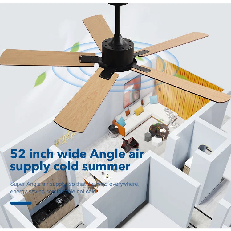 Large Ceiling Fan 52 Inch 5 Wood-Style Blades DC Mo tor Remote Control Quiet Running Fan for Living Room