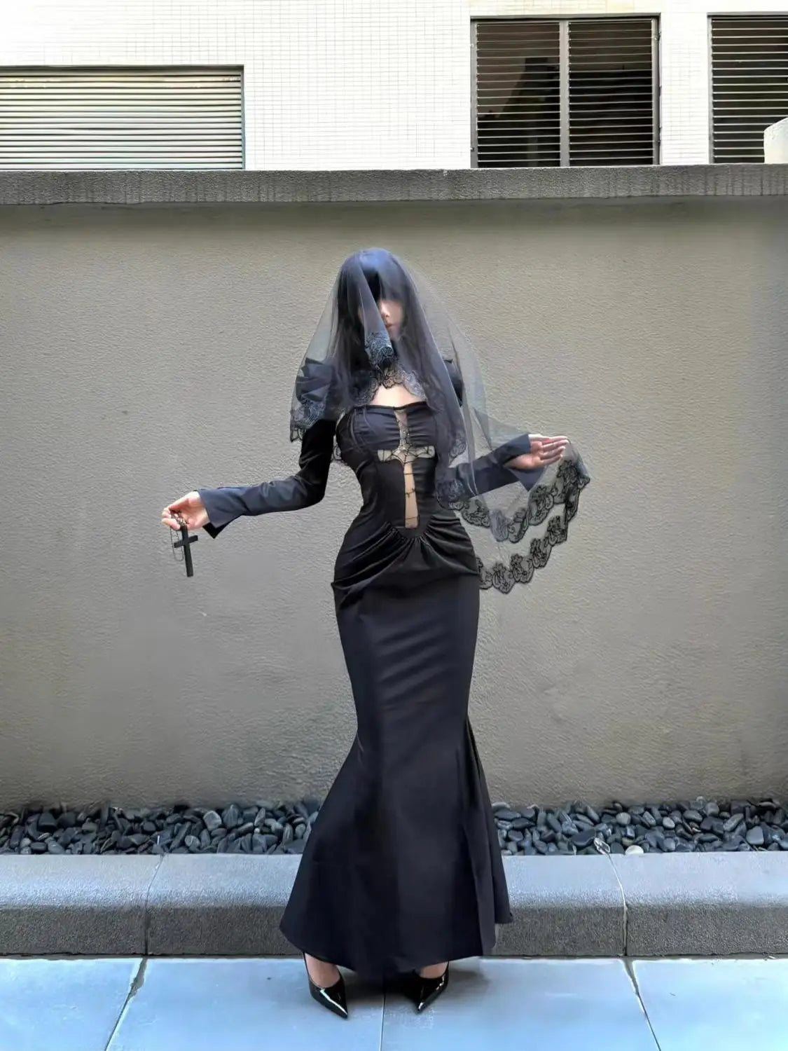 Winter Gothic Black Midi Dress Women Lace Veil Cross Decor Long Sleeve Slim-Fit Party Dress Female Halloween Cosplay Outfit 2025