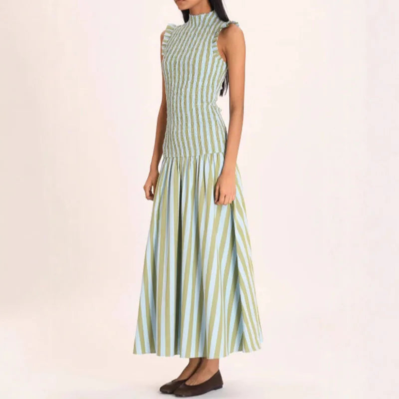 Elegant Striped Print Slim Sleeveless Robe Dress Spring O Neck High Waist Spliced Dress Woman Casual Pleated A-Line Office Dress