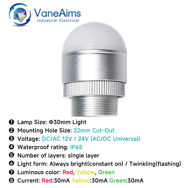 30mm Mini Tri‑Color LED Warning Light 12V24V Waterproof Signal Indicator Lamp for CNC Machine Tool Equipment Industrial Machiner