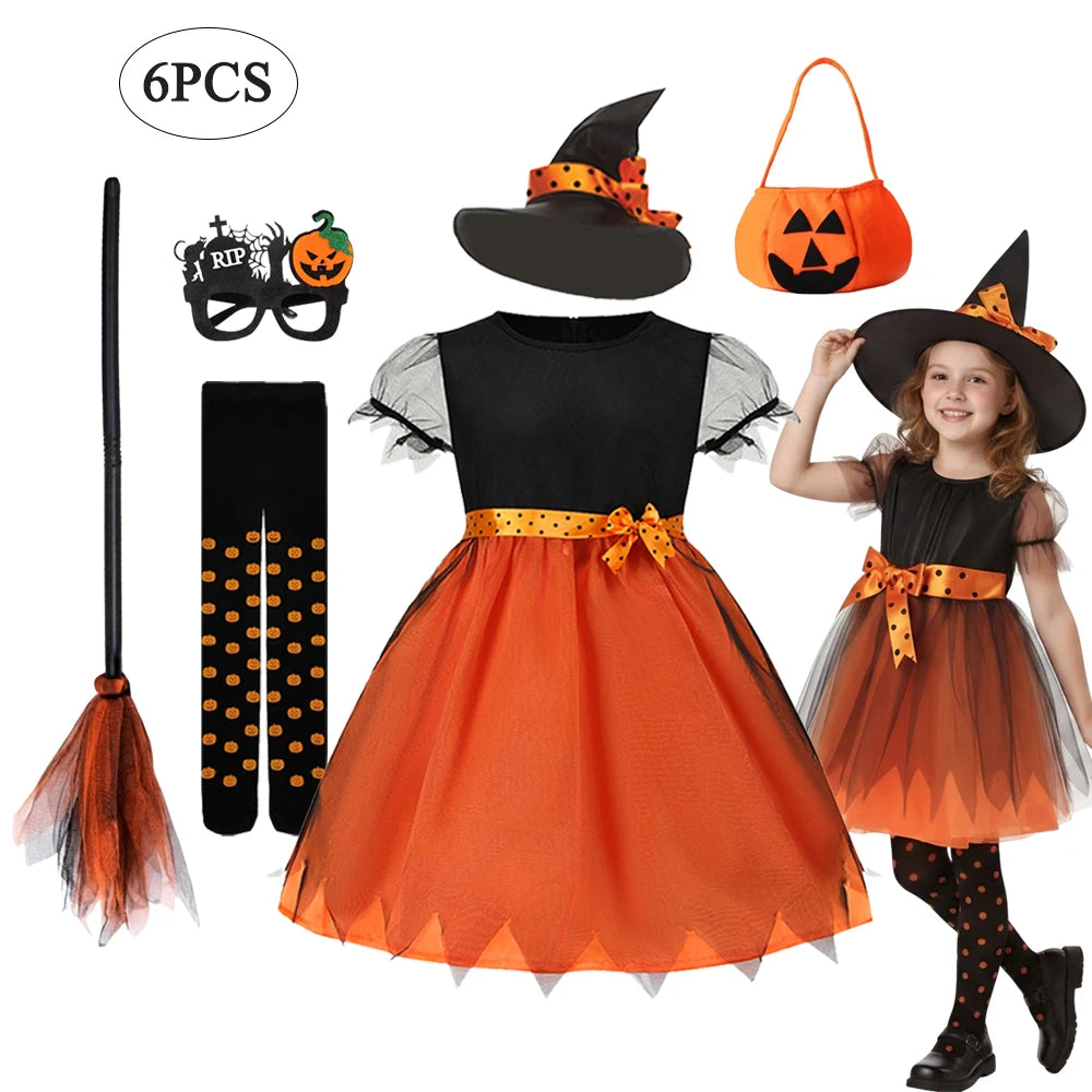 Halloween Cosplay Party Girls Pumpkin Costumes Witch Dress Kids Carnival Costume Vestidos Party Cosplay Dress