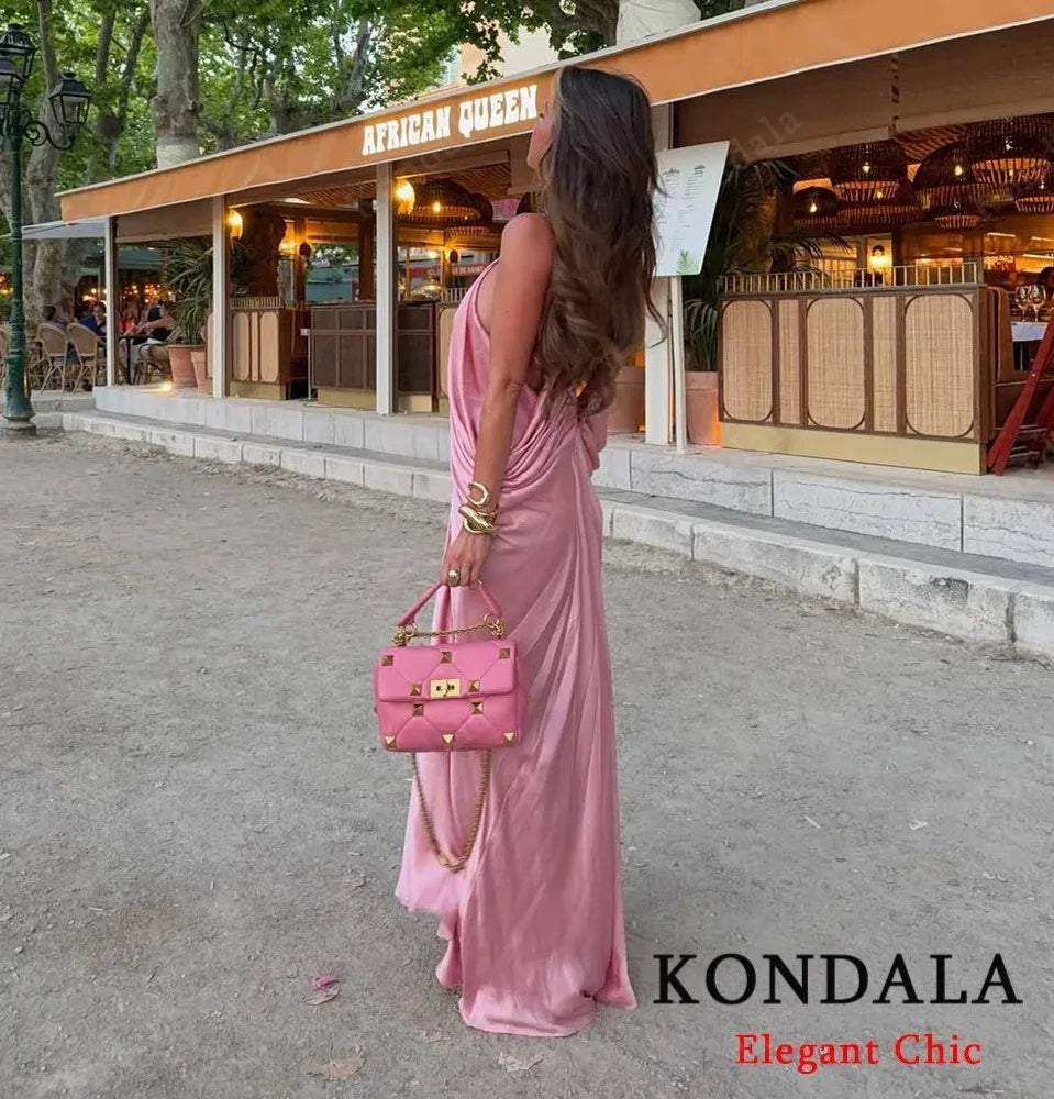 KONDALA Elegant Pleated Satin Dress Women Side Fold Pleated Suspender Long Dress 2025 Summer High Street Dating Lady Dress
