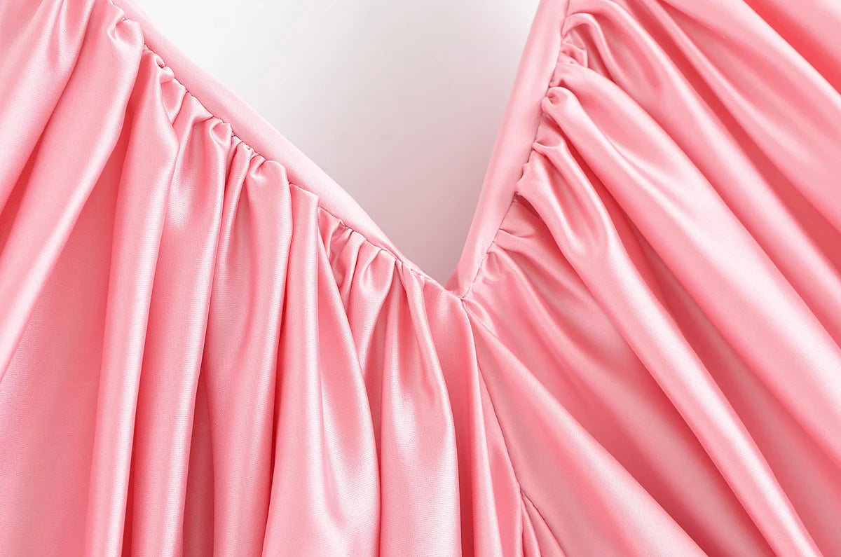 KONDALA Elegant Pleated Satin Dress Women Side Fold Pleated Suspender Long Dress 2025 Summer High Street Dating Lady Dress