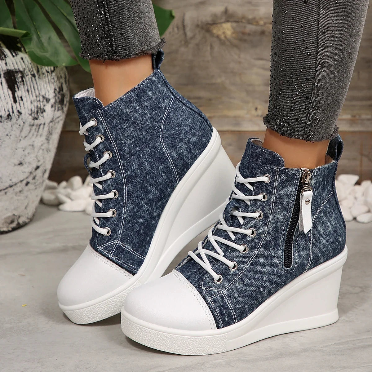 2025 New Women High Top Wedge Sneakers Blue Camouflage Shoes Woman Fashion Lightweight Lace Up Platform Ankle Sneakers Women