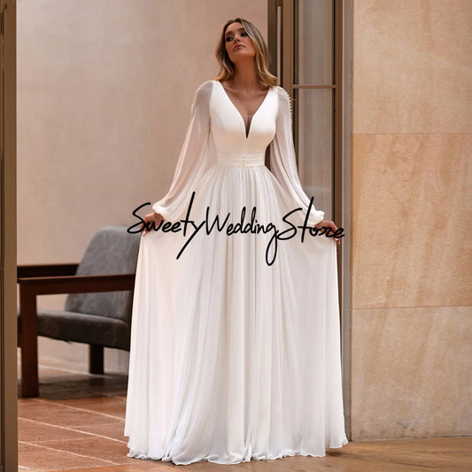 White Ivory Wedding Dresses for Bride Customized Long Sleeves V Neck Simple Bridal Gown with Buttons A Line Robe De Mariee