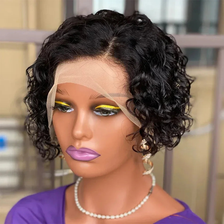 13X4 Lace Side Part Pixie Cut Water Curly Wig Short Inch Hair Wig Malaysian Hair 100% Human Hair Natural Color Lace Frontal Wig