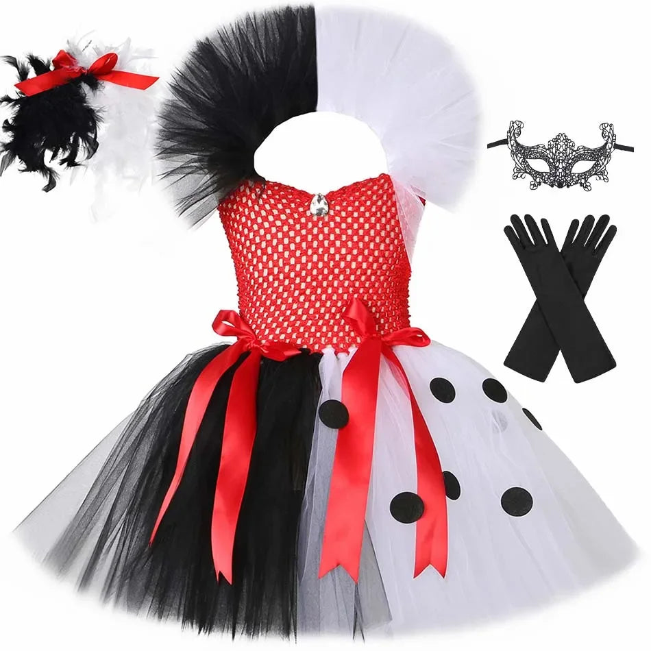 Halloween Crulla Cosplay Costume Cruella Tulle Dress Party Girls Black White Carnival Kids Cruella Wig Lace Mask Suit Clothes