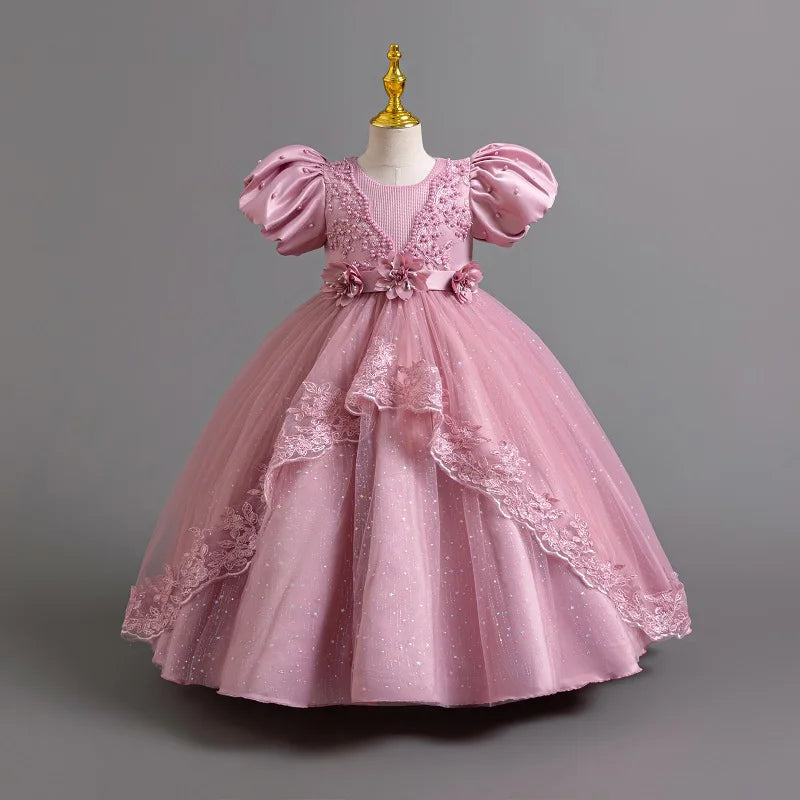 3-12 Year Old Baby Dress Birthday Party Girl Princess Dress Bubble Sleeves Lace Flower Wedding Dress Flower Girl Evening Dress
