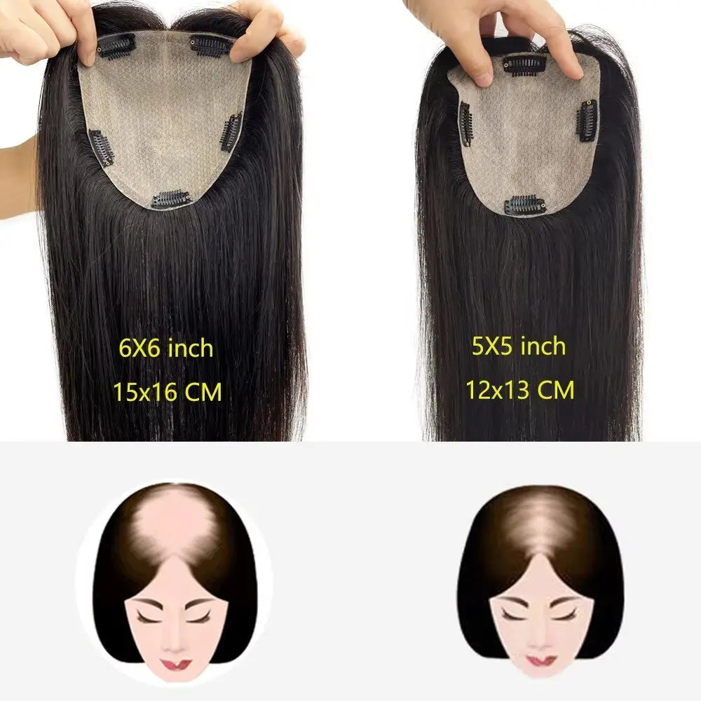 15x16cm Virgin European Human Hair Topper Hair Piece Clips in Loose Wave Silk Top Base Topper with Bangs for Thinning Hair Women