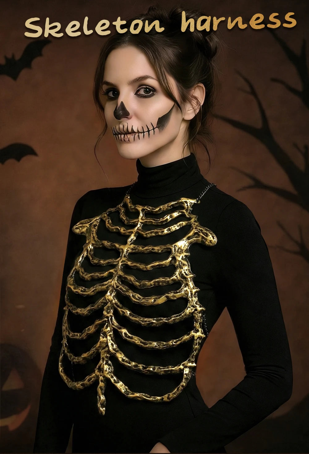 2026Halloween 3D Skeleton Ribcage Chest Piece Fake Bones Polyester Costume Prop for Horror Masquerade Party Makeup Accessories