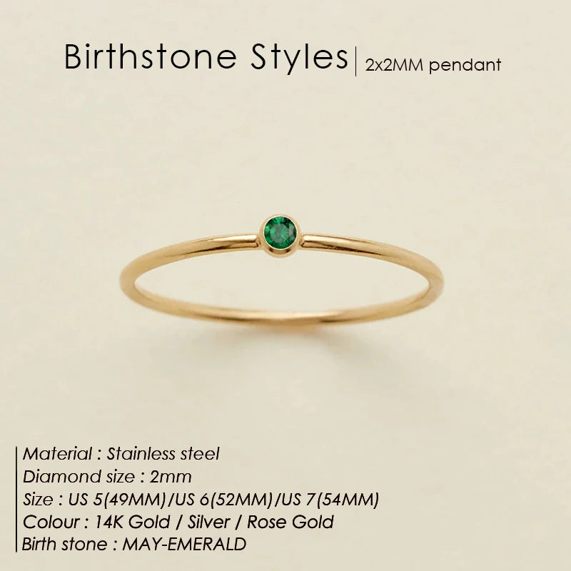 14K Gold Plated Stainless Steel Birthstone Ring for Women Tiny Thin Stacking Ring Colorful Zircon Crystal Aesthetic Jewelry Gift