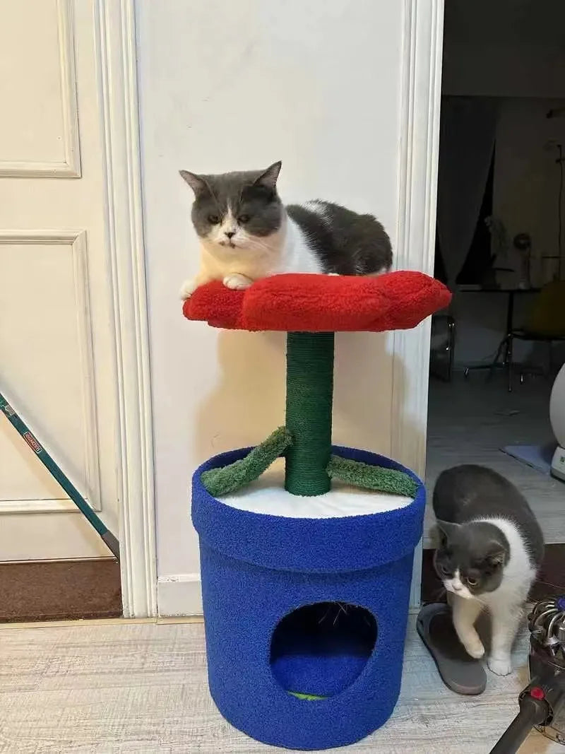 Red Flower Potted Cat Tree with Integrated Cat Bed Below Medium-Sized Cat Tree (Suitable for Cats Under 15 lbs)