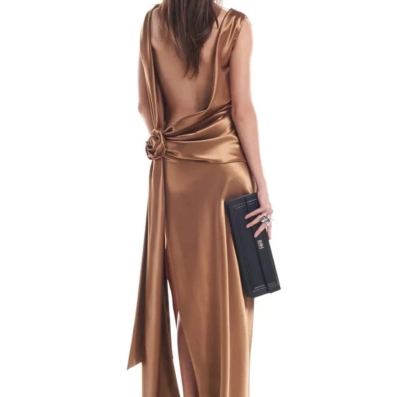 Elegant Satin Dress for Women Sexy Spliced Floral Hollow Out Backless Slit Long Dresses 2025 New Chic Temperament Cocktail Dress