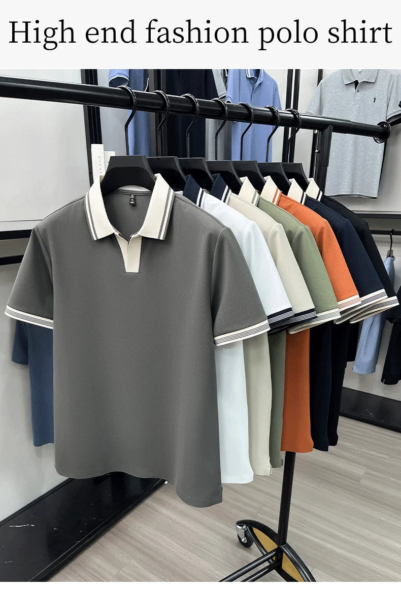 Light luxury summer new short sleeve polo shirt silky breathable high-end men's fashion personalized color blocked lapel T-shirt