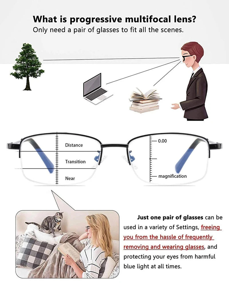 Multifocal Progressive Reading Glasses for Business Office Computer Eyeglasses with Anti Blue Light Presbyopic Lens Eyewears