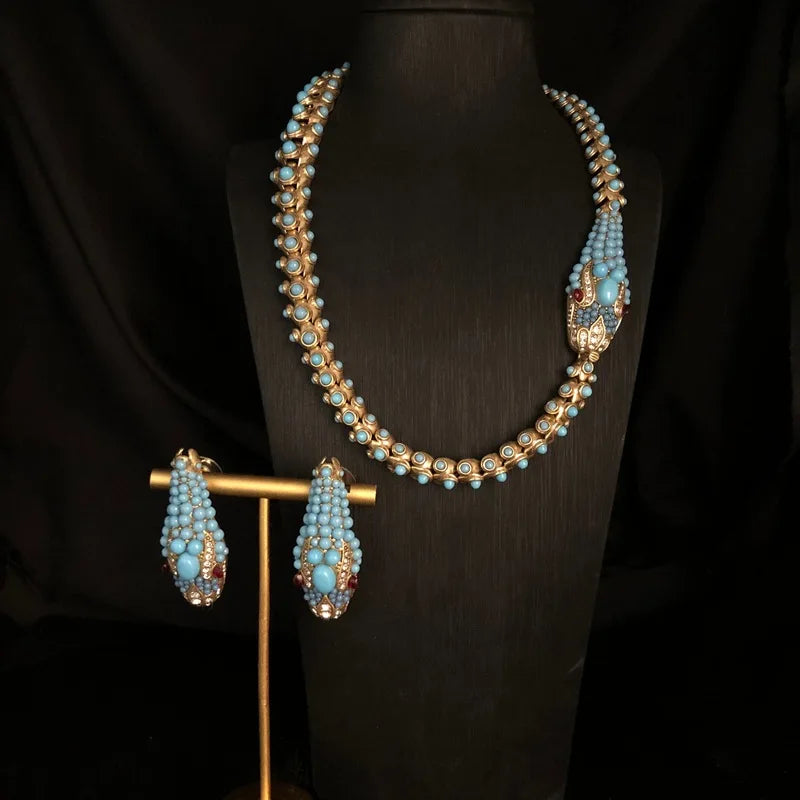 KEQIU Recycled aged gold snake-shaped necklace stud earring ancient-style , turquoise inlaid heavy industry jewelry