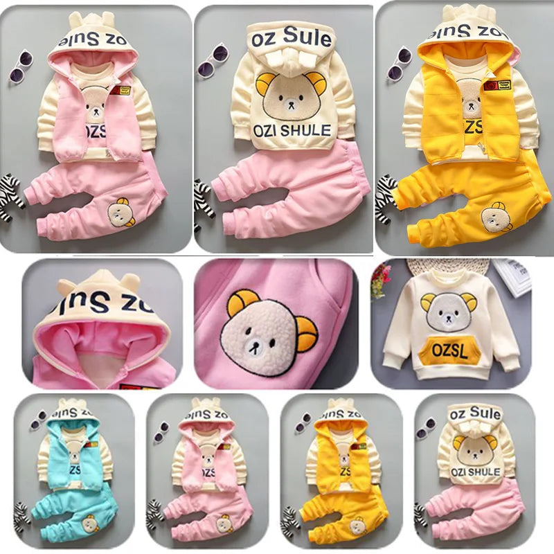 3Pcs Boys Fleece Sets Baby Girls Winter Autumn Thicken Clothes Suits Children Autumn Cartoon Hooded Jackets+Top+Pants Outfits