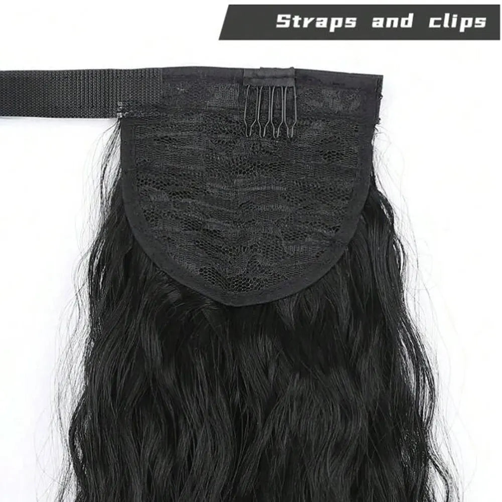 Synthetic Long Corn Wave Ponytail Extension Magic Paste Heat Resistant Wavy Wrap Around Ponytail Black Hairpiece for Women