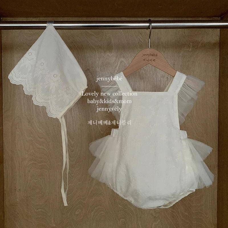 2024 New Summer Newborn Baby Girl Romper Flying Sleeve Cotton Mesh Splicing Toddler Baby Girl Jumpsuit 0-24M Baby Girl Clothing