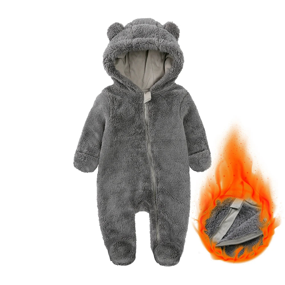 2026 Winter Baby Rompers Infant Fleece Bear Hooded Onesies Newborn Baby Boy Girl Zipper Jumpsuit Bodysuit Pyjamas