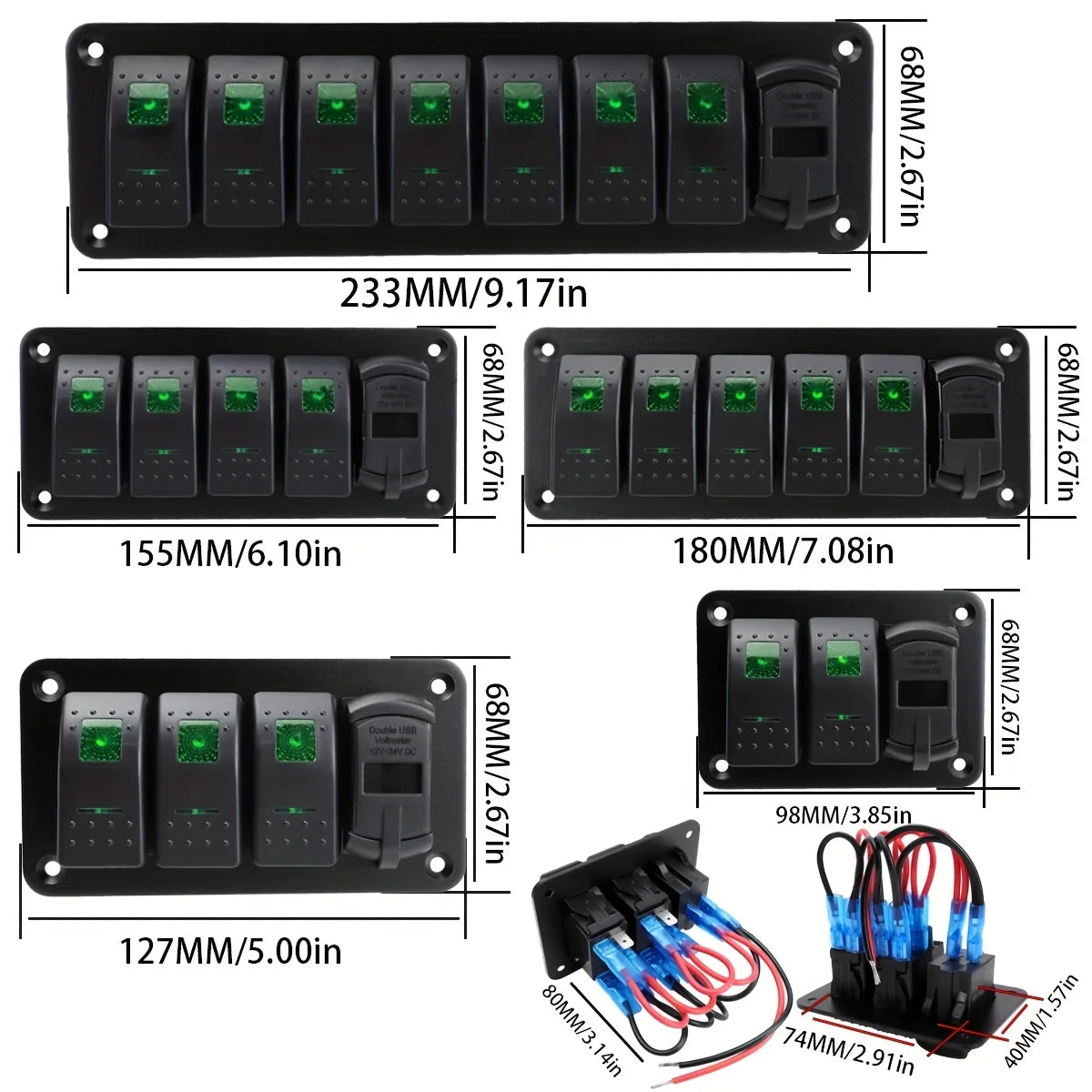 12V 24V DC 3/4/5/6/8 sets of marine control lever switch panel, with 4.8A dual USB charger voltage and sticker, green