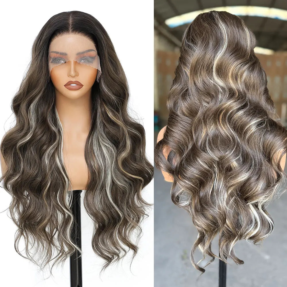 30 Inches 13x4 Body Wave Lace Front Wig Synthetic Loose Deep Wave Highlight 300 Grams Baby Hair Lace Frontal Wig For Women