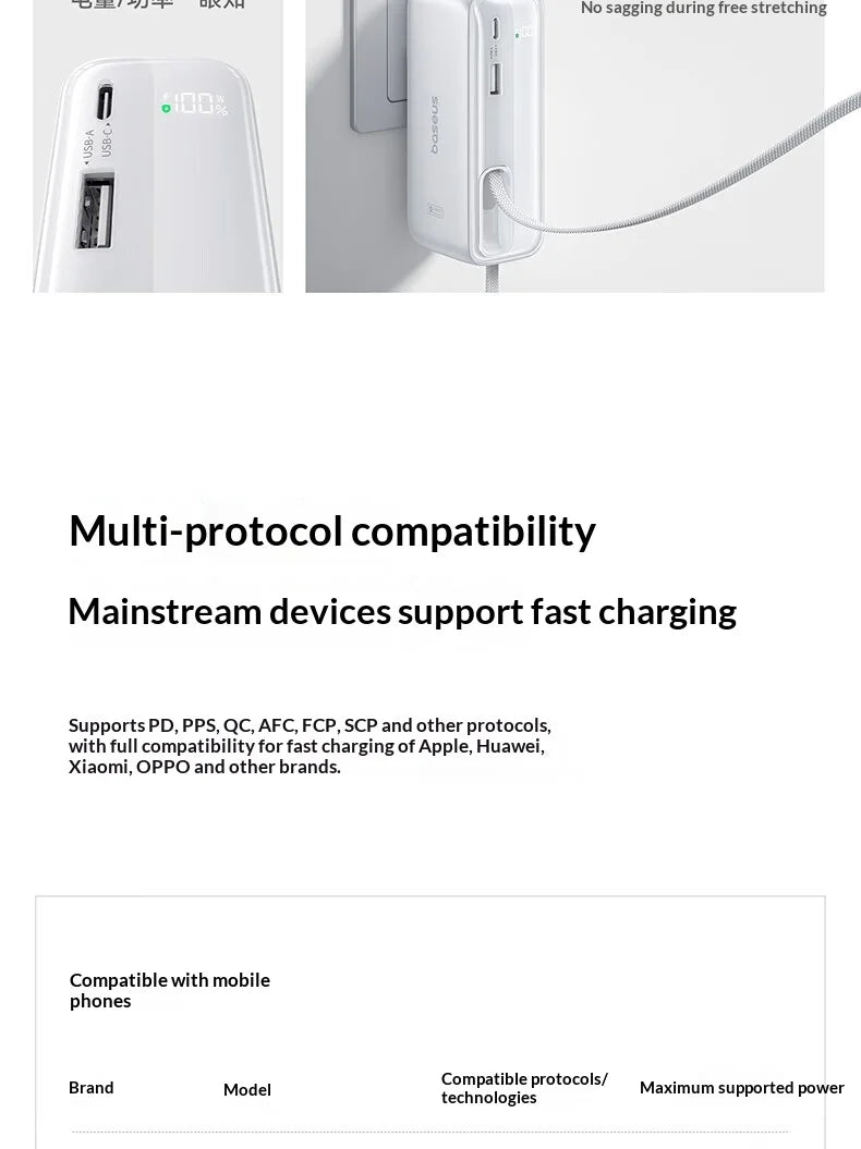 Baseus 67W Pro 3 In 1 Portable Power Bank Retractable Cable Charger 3C Certified Airline Approved For Smartphone 10000mah