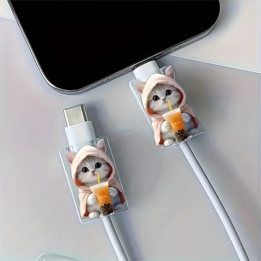 2pcs Cute Cat Bubble Tea Cable Protectors, Summer Phone Accessory, Anti-Break USB Cable Sleeve for Type-C, Ideal for Daily Use