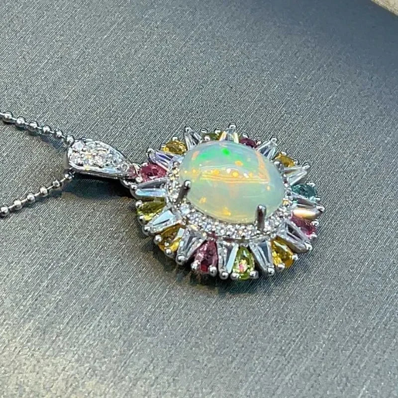 SACE GEMS S925 Sterling Silver Certified 8*10MM Natual Opal Pendant Necklaces for Womne Engagement Cocktail Party Fine Jewelry