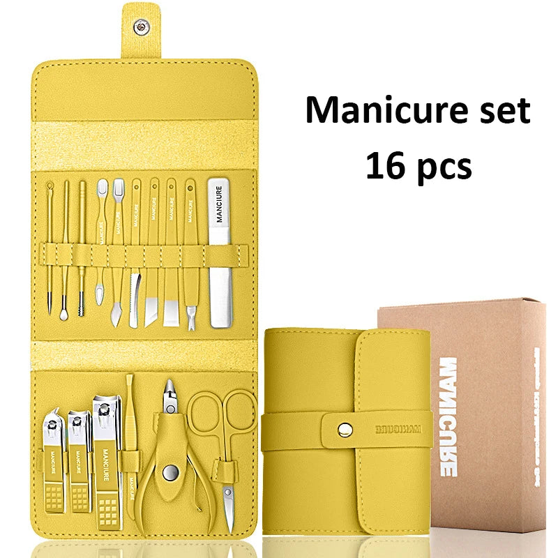 Professional Manicure Set 12/16 Pcs Full Function Kit Stainless Steel Pedicure Sets With Leather Portable Case Idea Gift