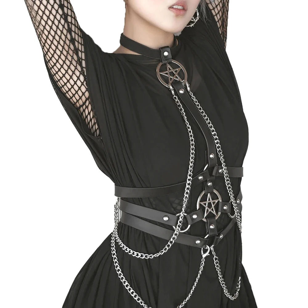 Women Sexy Body Chest Chain Jewelry Pu Leather Waist Belt Belly Chains Festival Fashion Jewelry for Women Gothic Accessories