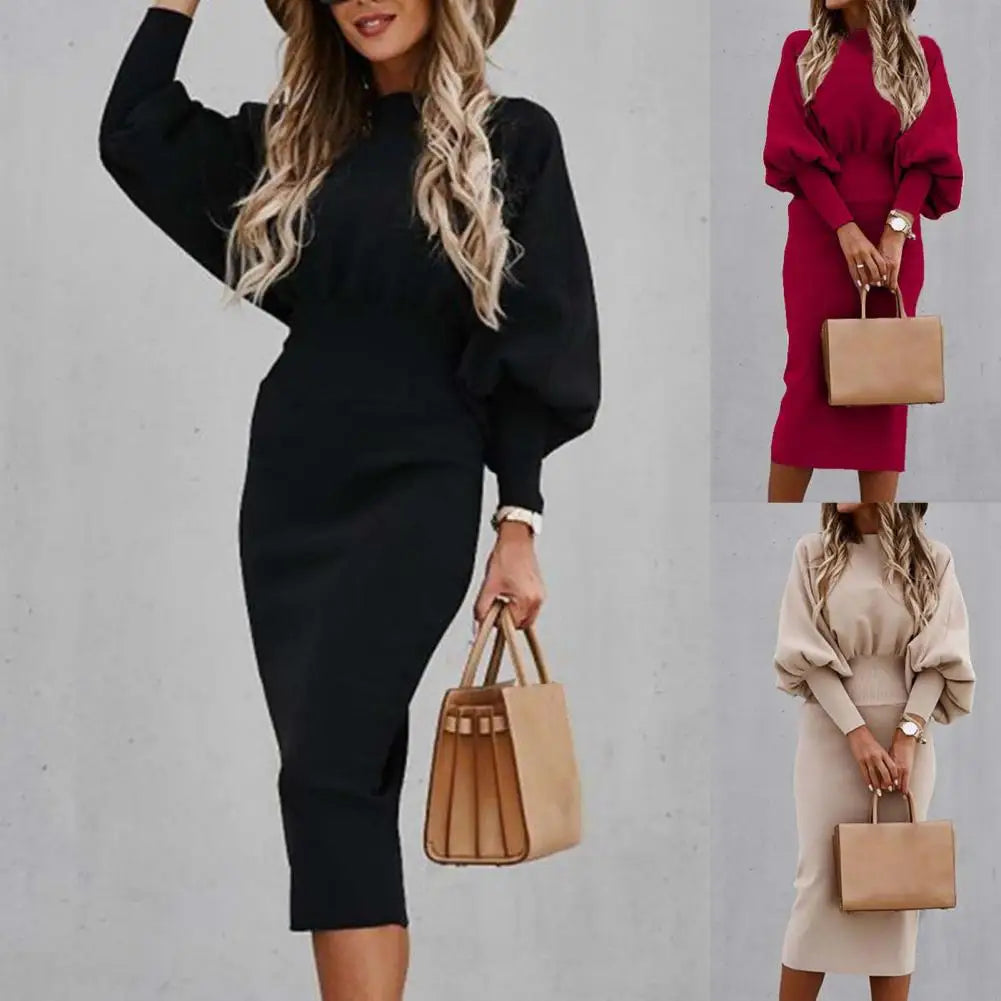 Fashion Office Dress O-Neck Warm Soft Texture Pure Color Bodycorn Office Dress