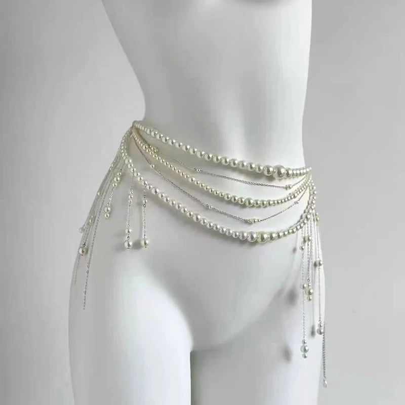 Sexy Geometric Pearl Waist Chain For Women Flower Tassel Double Layer Beads Chain Belt Streetwear Summer Fashion Body Jewelry
