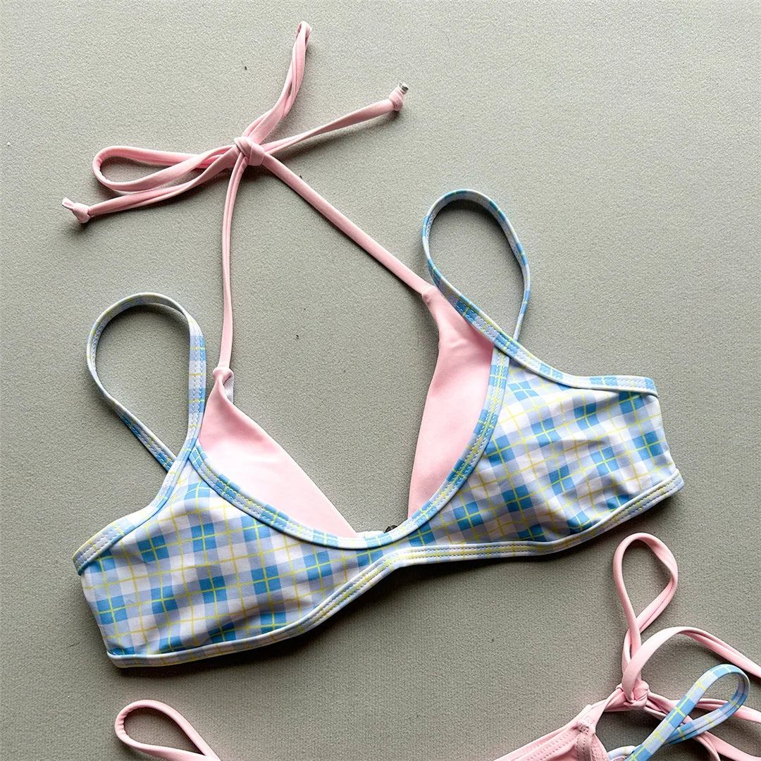 Sexy Polka Dot Plaid Halter Bikini Female Swimsuit Women Swimwear Two-Pieces Bikini Set Splicing Bather Bathing Suit Swim V8027