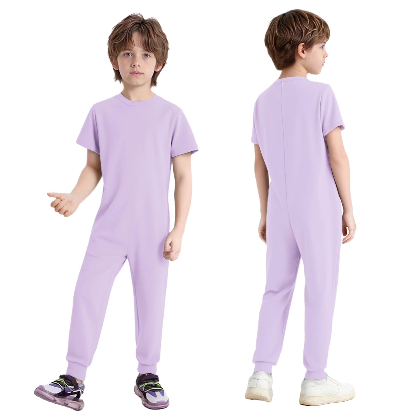 Kids Boys Girls Special Needs Adaptive Clothing Cotton Round Neck Short Sleeve Back Zipper Solid Color Full Body Jumpsuit Romper