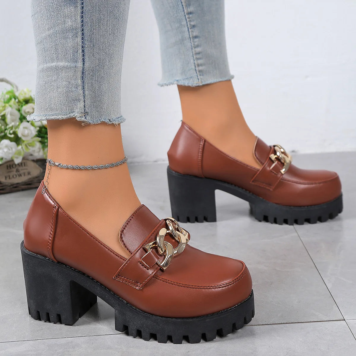 Women's Large Size Thick Heel Slip-On round Toe Leather Shoes Spring Autumn New Style Korean Style PU Leather Mid Heel