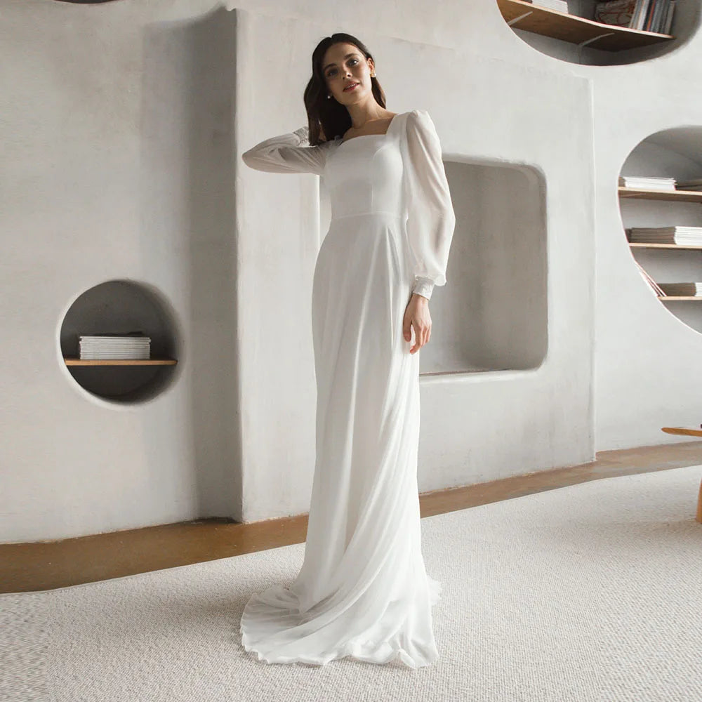 Tulle Beach Long Sleeves Wedding Dresses Customized 2025 Simple Long Sleeves White Ivory Bridal Gown Vestido De Noiva