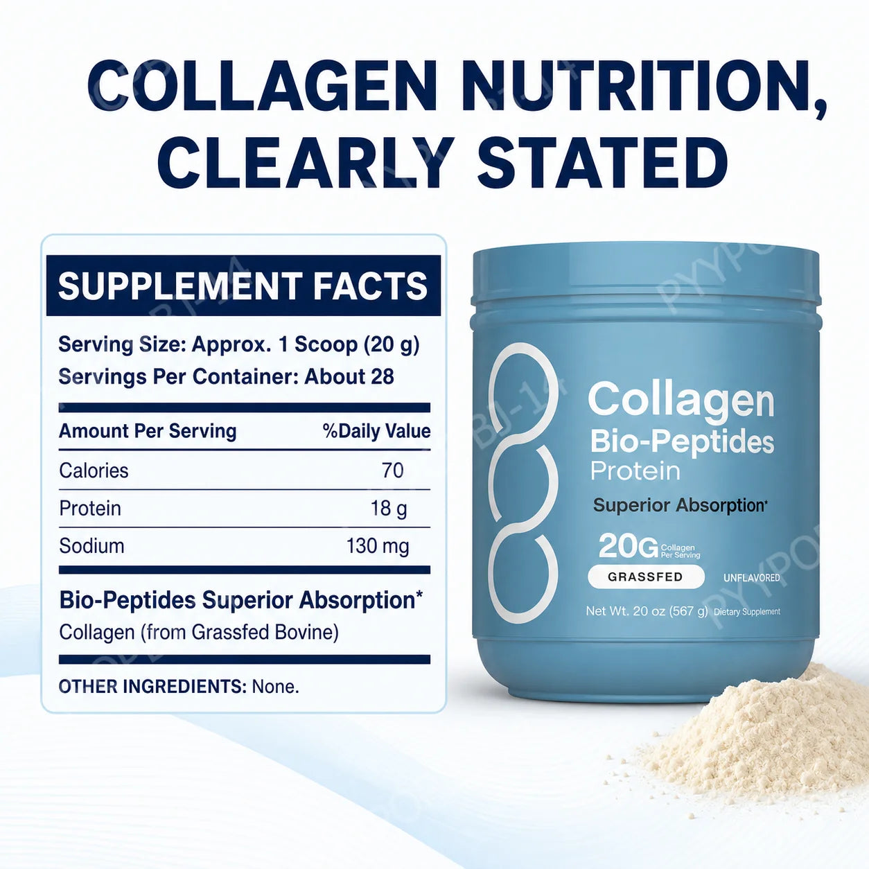 Collagen Peptides Powder 20g Per Serving, 18g Protein, Grass-Fed Bovine, Unflavored Daily Beauty Active Lifestyle Support, 567g