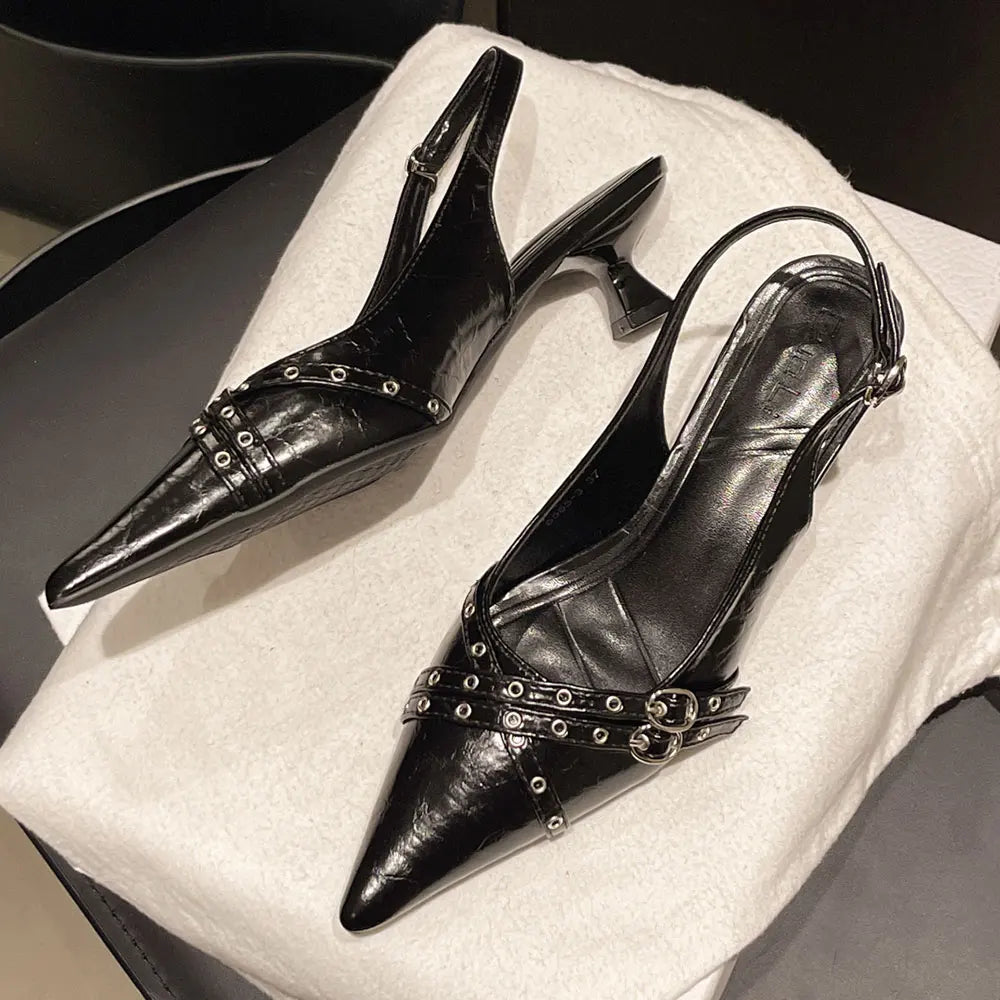 2025 Size 42 Vintage y2k Flowers Black Pointy Toe Slingback Pumps Cross-strap Summer 5cm Kitten Heels White Lady Shoes Women