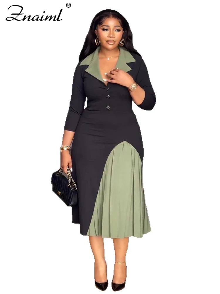 Znaiml Autumn Women's Patchwork Green Button Lapel V-neck A-line Long Sleeve Office Lady Dress Elegant Birthday Party Prom Gowns